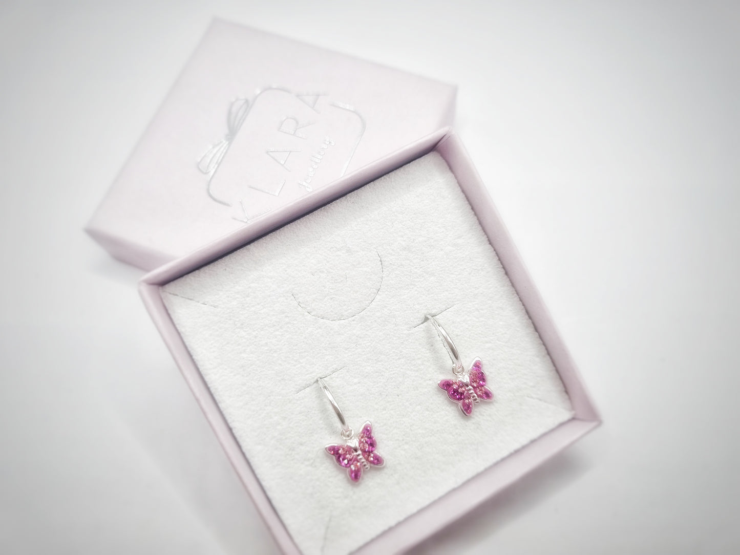 Children's Sterling Silver 'Pink Crystal Butterfly' Hoop Earrings