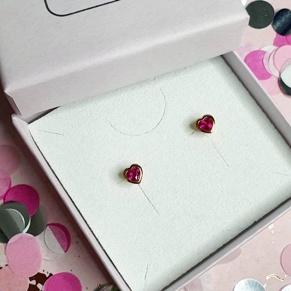 Gold Ruby July Birthstone Mini Heart Stud Earrings