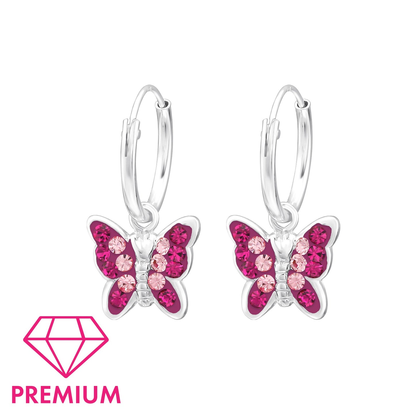 Childrens Sterling silver pink butterfly dangling hoop earrings