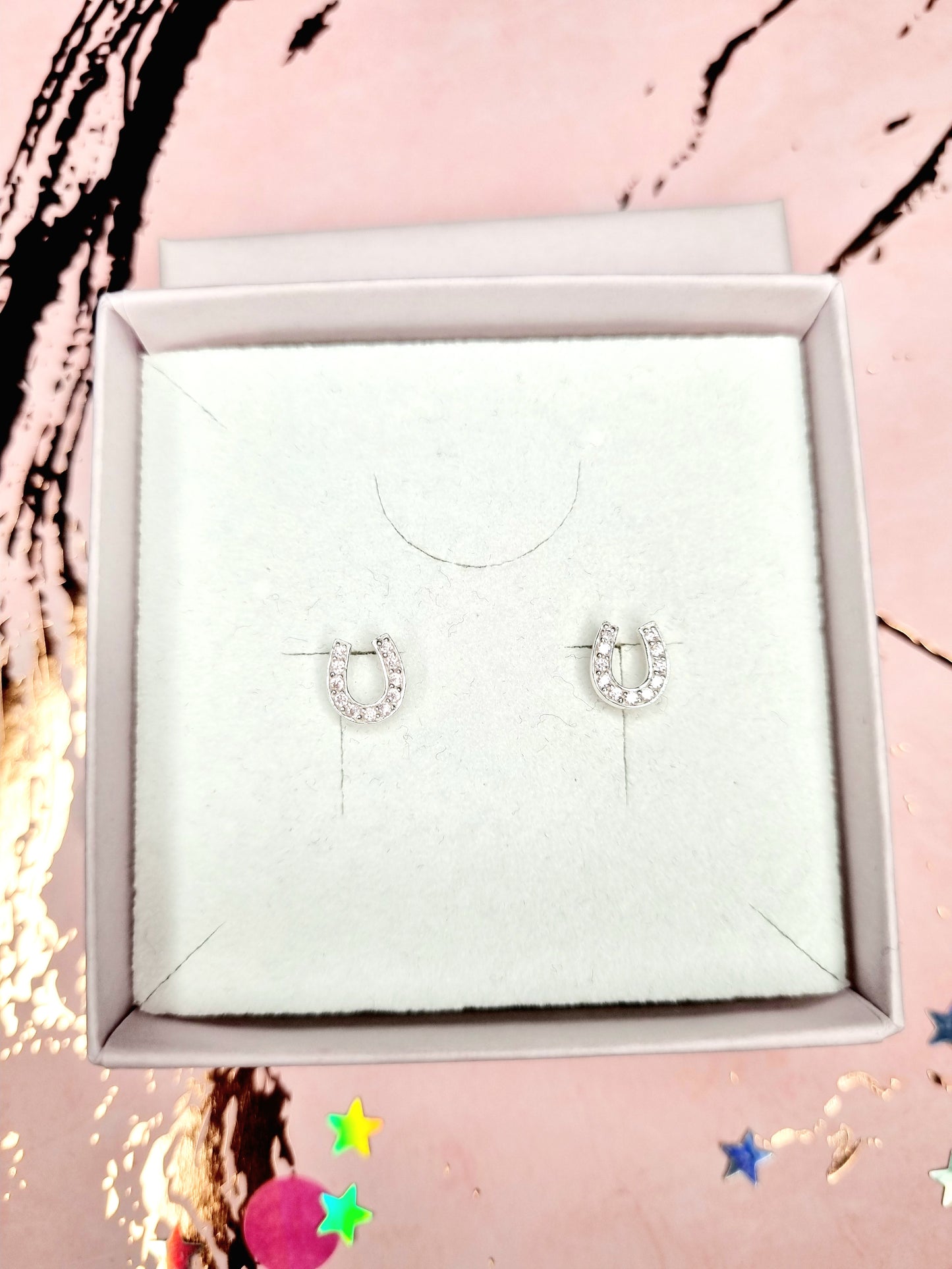 Horse shoe pink cubic zirconia ear studs for children and teens