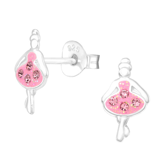 Pink crystal ballerina  Studs Sterling Silver for Children