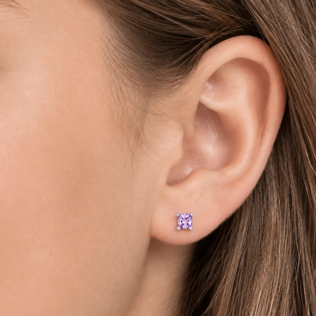 Light Amethyst Purple CZ Square Stud Earrings, Sterling Silver