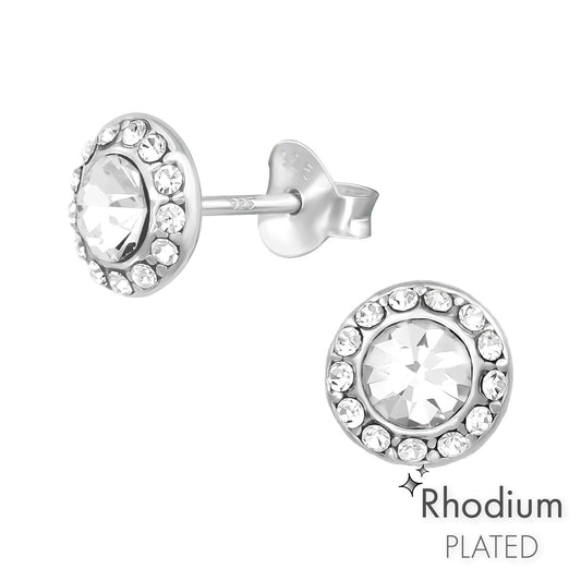 Childrens Teens Round Pave Ear Stud Earrings Cubic zirconia Rhodium plated April Birthstone 