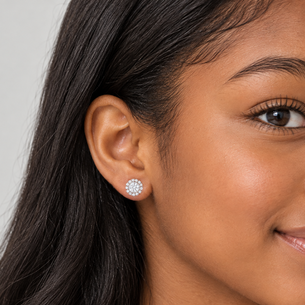 Halo Round CZ Crystal Stud Earrings, Sterling Silver