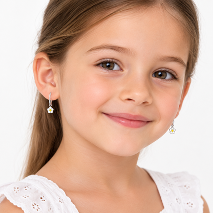 Girls' Daisy Flower Hoop Earrings, Silver