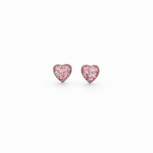 Children's Pink Glitter Enamel Heart Stud Earrings - Sterling Silver
