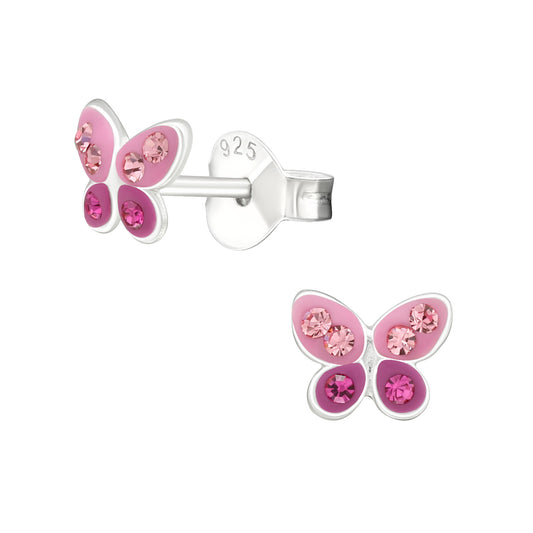 girls sterling silver pink butterfly-shaped studs