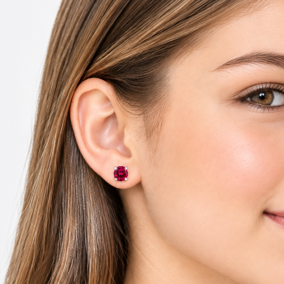 Round Ruby CZ Stud Earrings, Sterling Silver