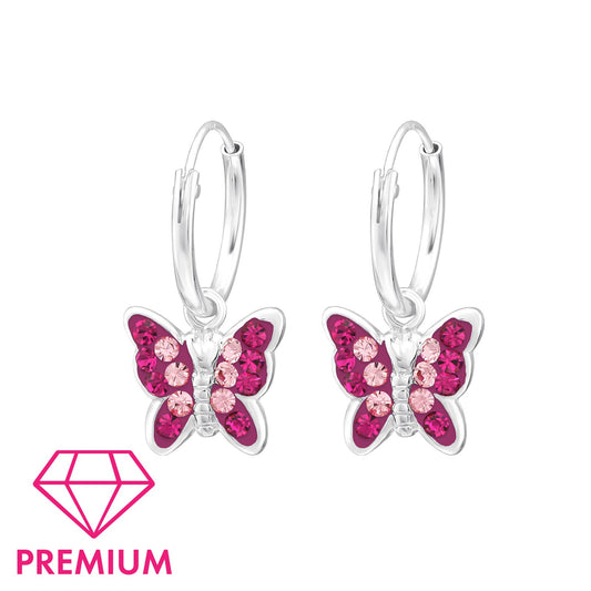 Childrens Sterling silver pink butterfly dangling hoop earrings 