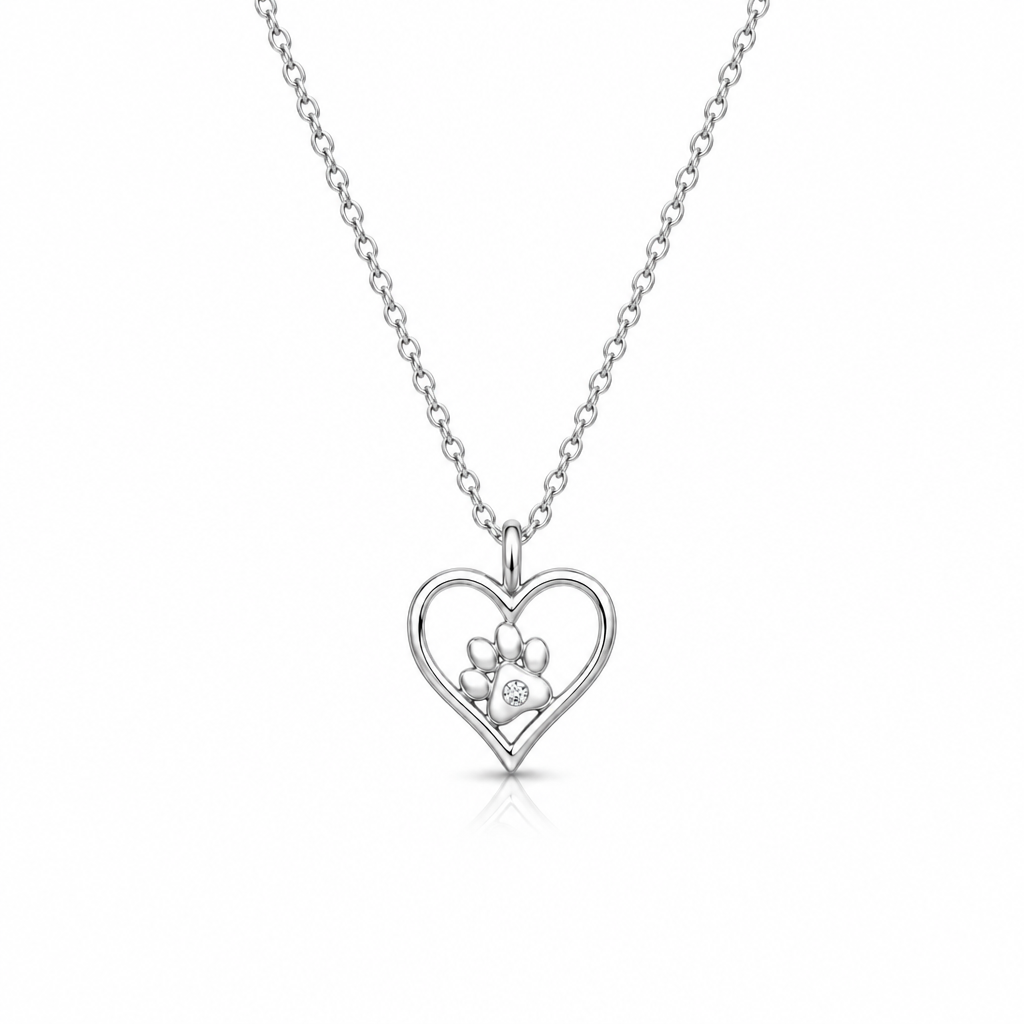 Heart & Paw Print CZ Necklace - Sterling Silver Pet Lover Jewellery