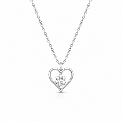 Heart & Paw Print CZ Necklace - Sterling Silver Pet Lover Jewellery