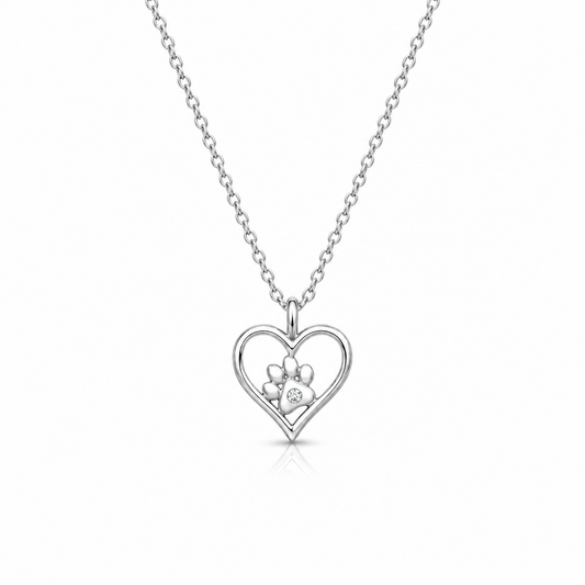 Heart & Paw Print CZ Necklace - Sterling Silver Pet Lover Jewellery