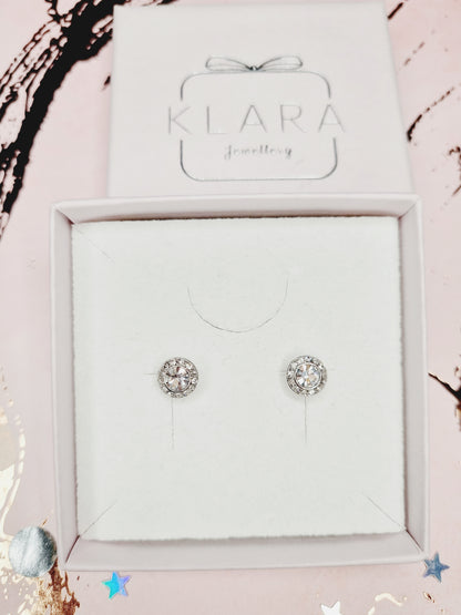Silver Round CZ Halo Stud Earrings