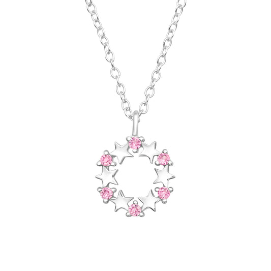 Cubic zirconia pink stara pendant necklace girls sterling silver