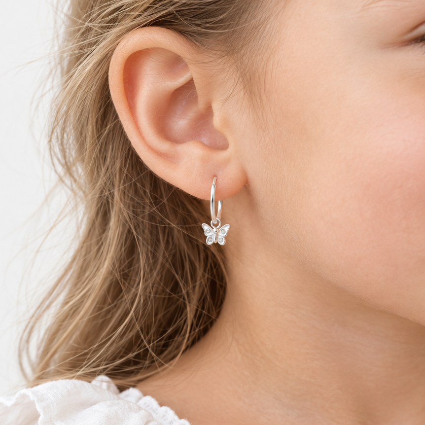Children's CZ Butterfly Dangle Hoop Earrings, Sterling Silver
