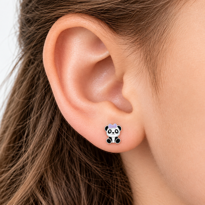 Children's Enamel Panda Stud Earrings - Sterling Silver