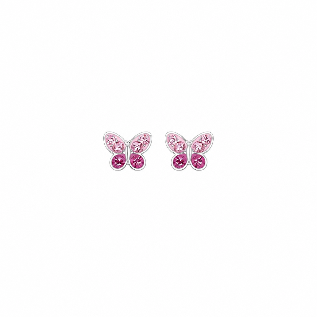 Children's Pink CZ Crystal Butterfly Stud Earrings, Silver