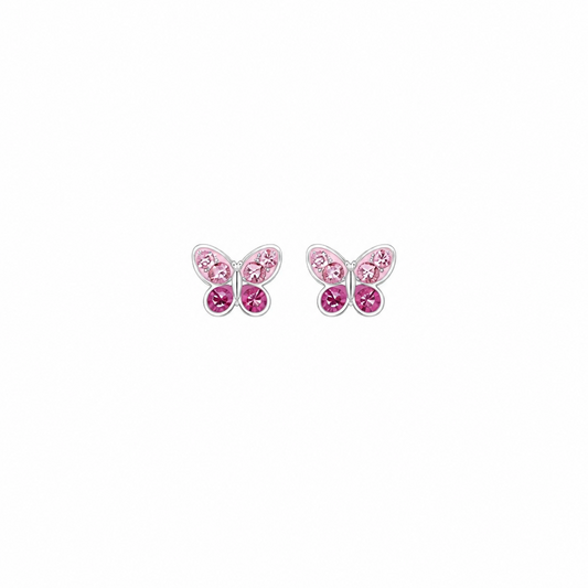 Children's Pink CZ Crystal Butterfly Stud Earrings, Silver
