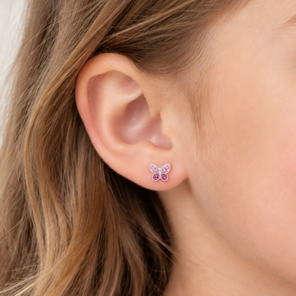 Children's Pink CZ Crystal Butterfly Stud Earrings, Silver