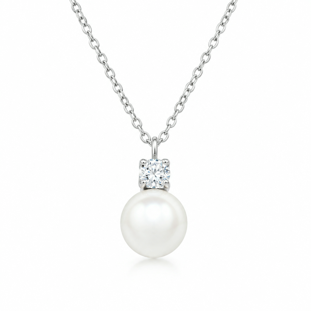 Pearl CZ Pendant Necklace, Sterling Silver