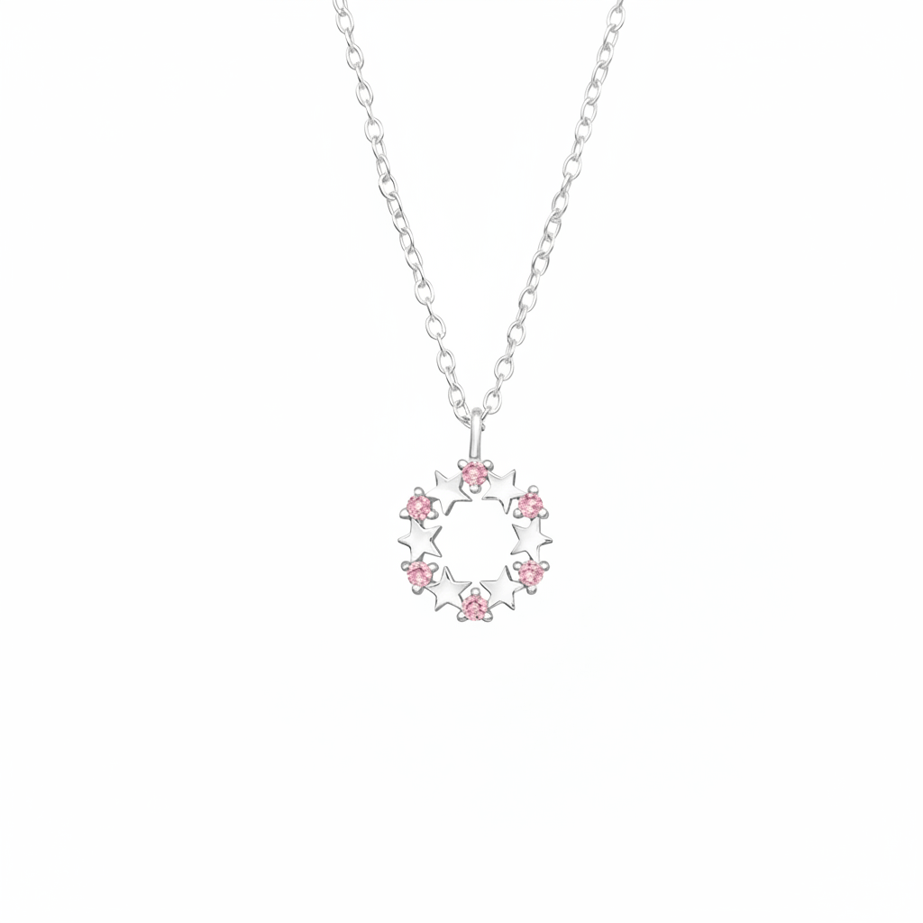 Dainty silver stars and pink cubic zirconia stones circle wreath pendant necklace