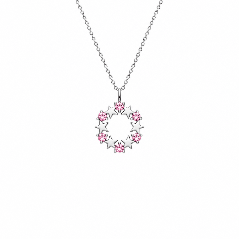 Girls Pink CZ Star Necklace, Sterling Silver