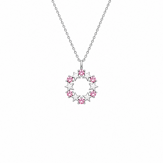Sterling Silver Star Circle Pendant Necklace with Pink CZ