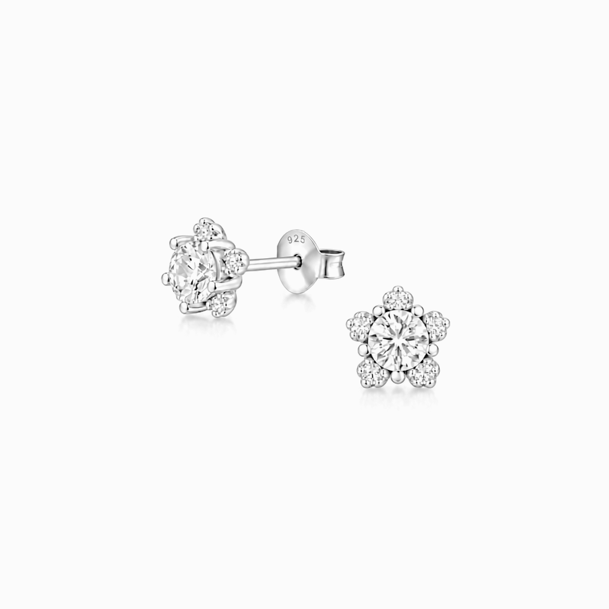 Crystal CZ Flower Cluster Stud Earrings – Sterling Silver