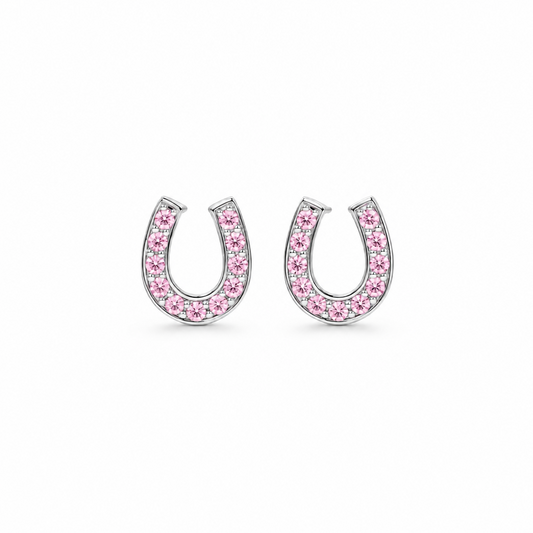 Horseshoe Stud Earrings Pink CZ, Sterling Silver
