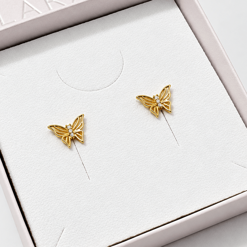 Butterfly CZ Stud Earrings, Sterling Silver, Gold