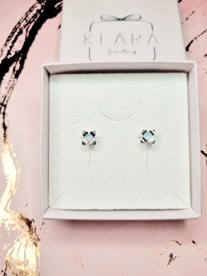 Silver Flower Azure Opal Stud Earrings