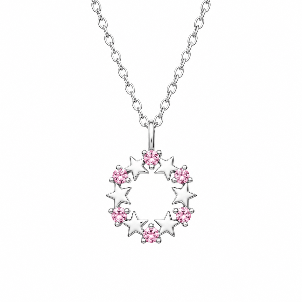 Girls Pink CZ Star Necklace, Sterling Silver