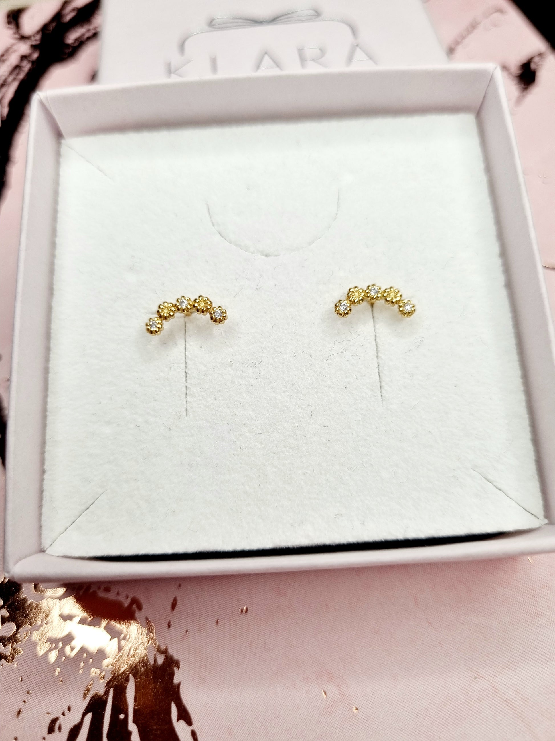 Gold Plated Sterling Silver Floral CZ Curved Climber Stud Earrings 