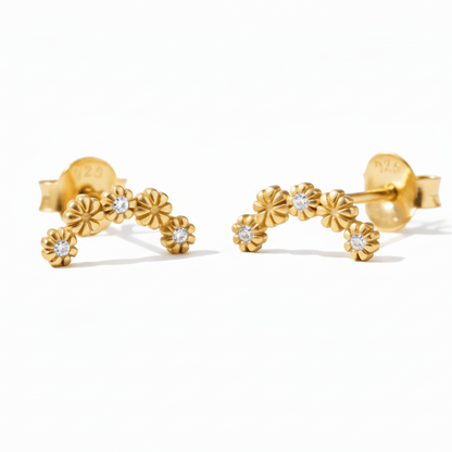 Gold Floral Climber Stud Earrings